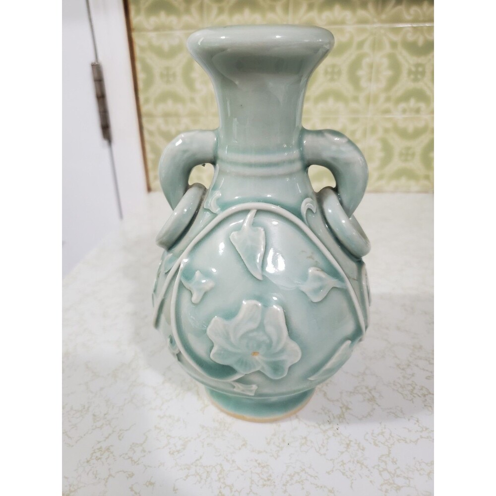 Vintage Celadon Vase With Vine Motif And Rings On Handles Light Green 7.5"